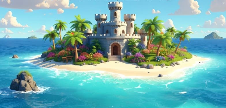 A bright tropical island with palm trees and a cartoon castle surrounded by turquoise sea